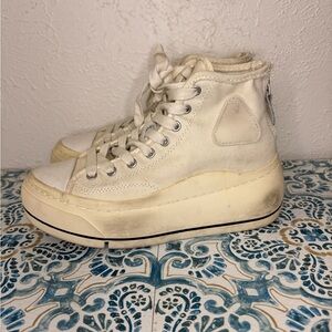 R13 Off-White Distressed High-Top Sneakers